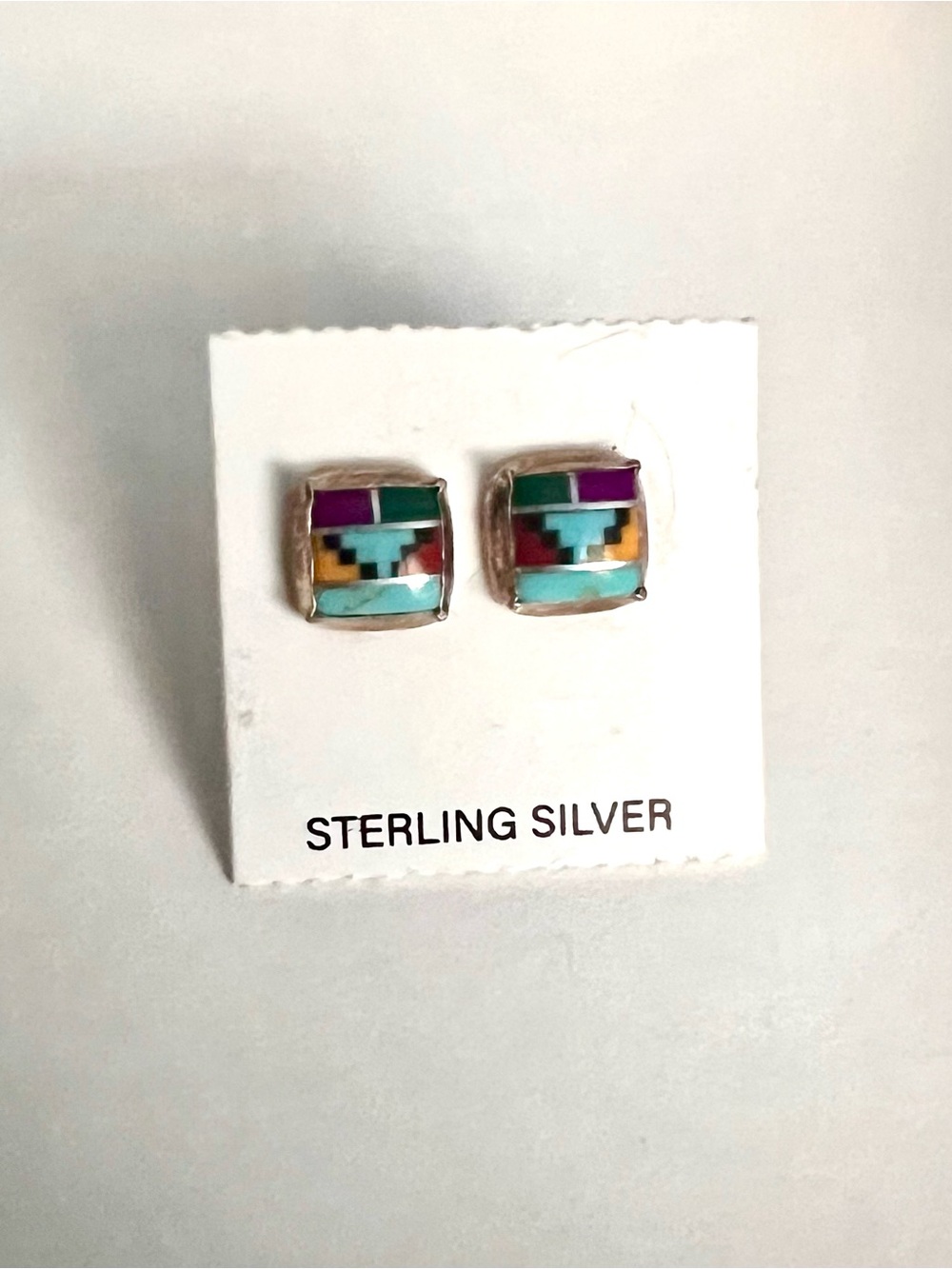 Sterling Silver Multicolor Inlay Square Stud Earrings - Turquoise